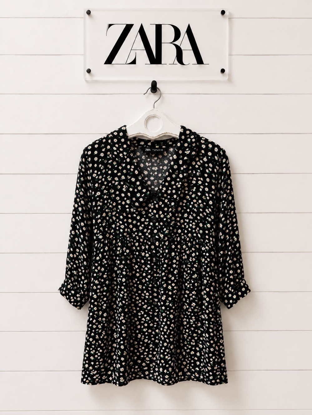 ZARA Mini Robe Babydoll Fleurie Noire Marguerites Taille XL